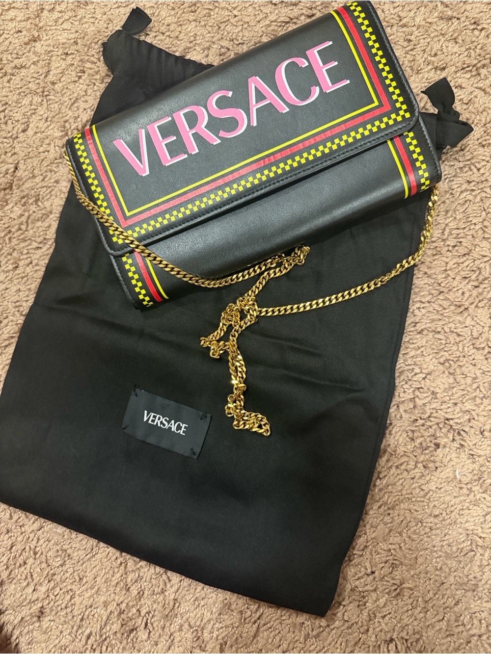 Versace Black Leather Crossbody with Pink Logo and Yellow & Red Trim